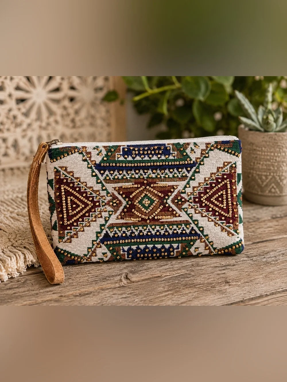 Handmade Ruggine Beaded Ethnic Jacquard Wristlet Clutch